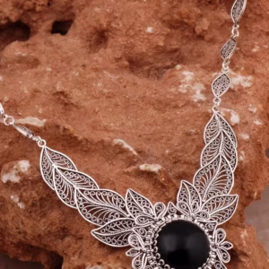 Handcrafted Silver Filigree Necklace with Onyx Stone