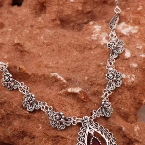 Handcrafted Silver Filigree Necklace with Ruby Drop Pendant