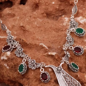 Handcrafted Filigree Silver Necklace with Emerald & Ruby Stones