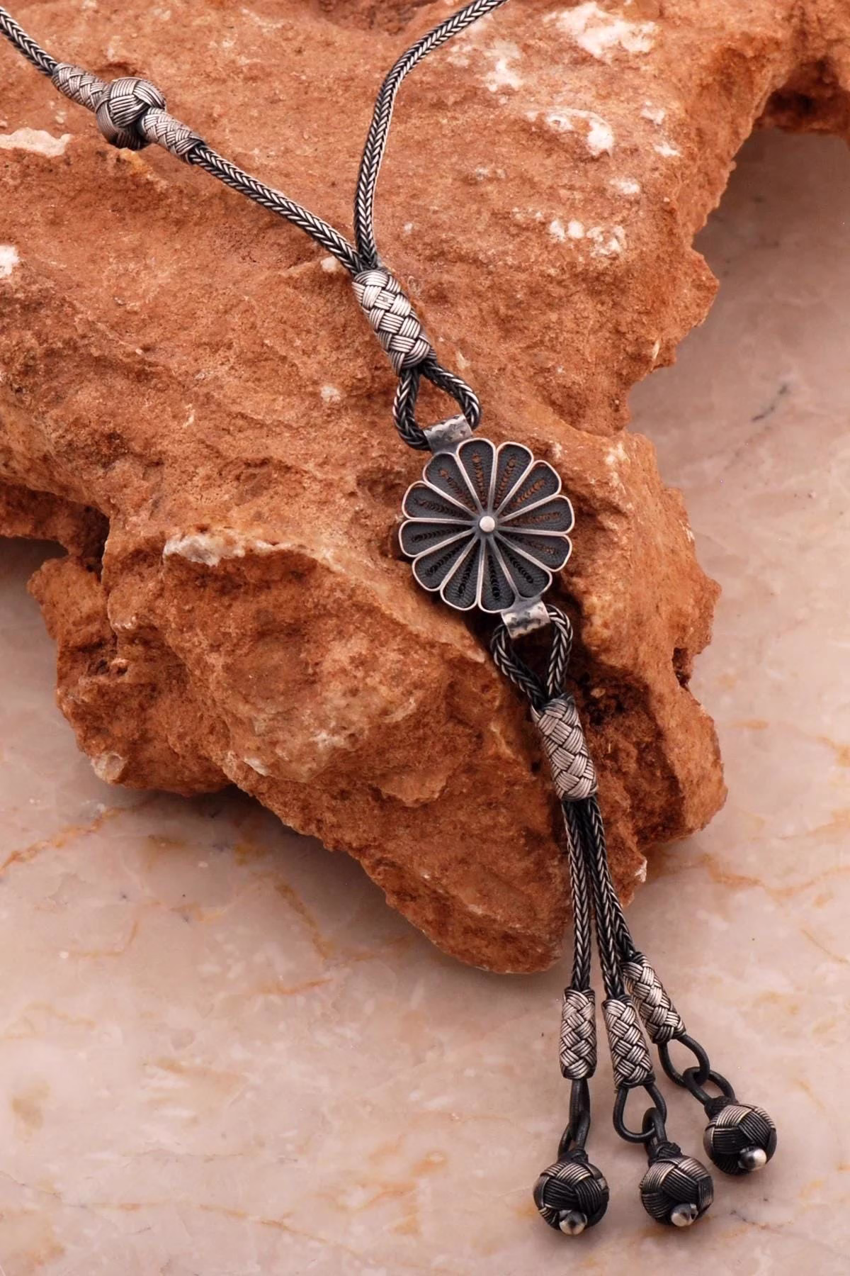 Handcrafted Telkari and Kazaziye Silver Necklace with Antique Finish