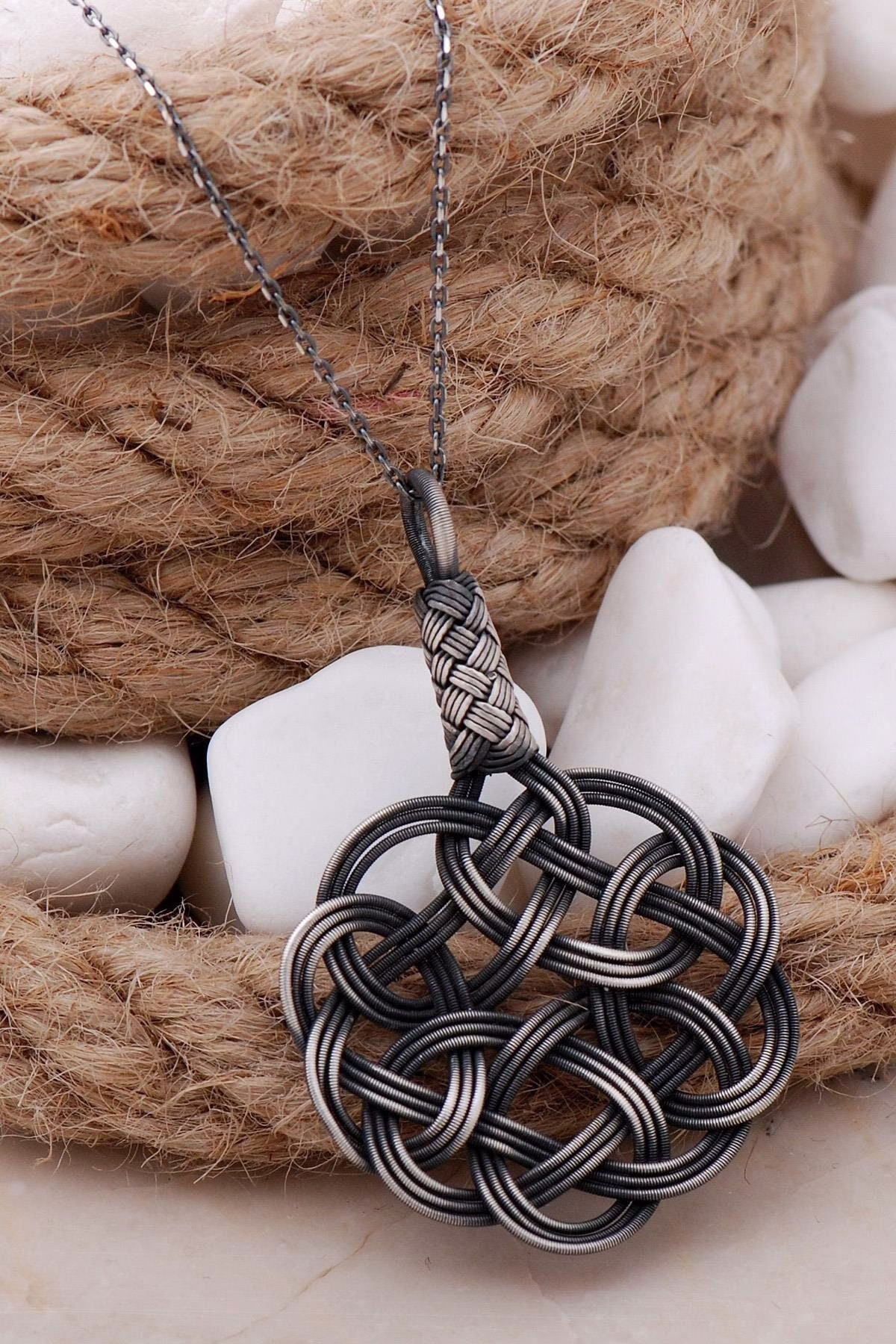 Handmade Oxidized Kazaziye Silver Necklace with Love Knot Design