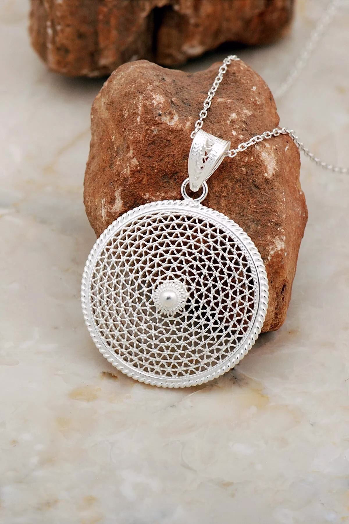 Handcrafted Telkari Round Silver Pendant Necklace