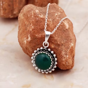 Handmade Telkari Silver Necklace with Green Agate Stone