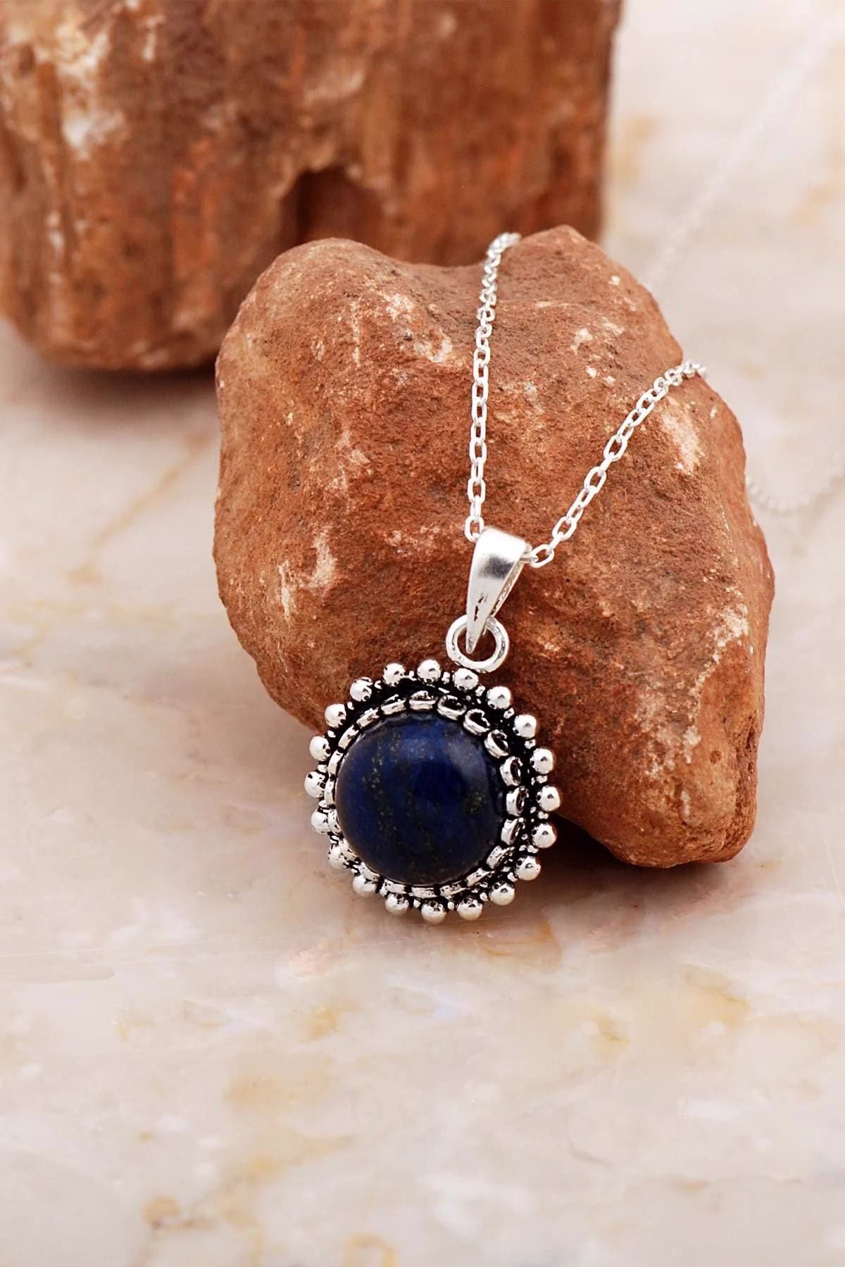 Handcrafted Silver Necklace with Lapis Lazuli Stone Antique Design