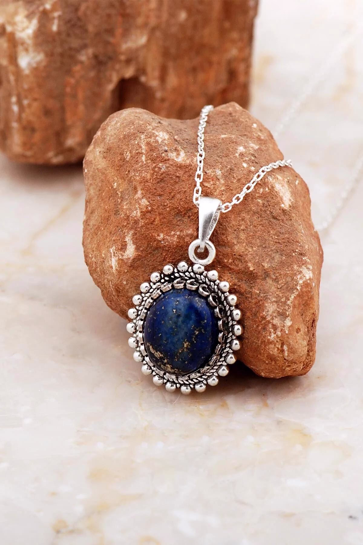 Handcrafted Antique Silver Necklace with Lapis Lazuli Stone