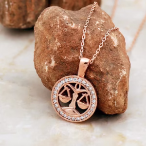 Rose Gold Plated Silver Libra Pendant Necklace with Zircon Stones