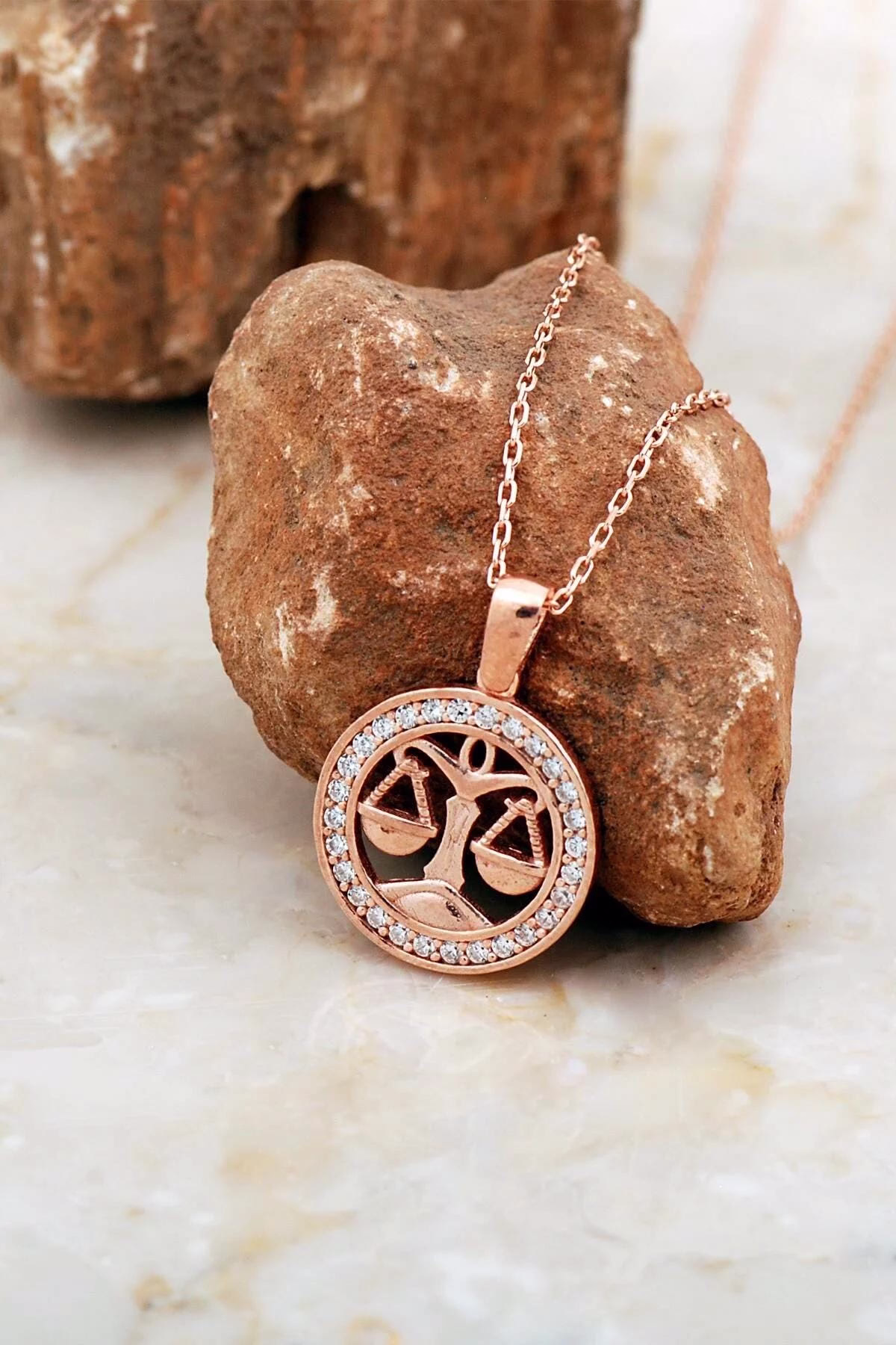 Rose Gold Plated Silver Libra Pendant Necklace with Zircon Stones