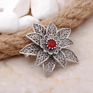 Handcrafted Sterling Silver Filigree Brooch: Ruby Flower, Vintage Style
