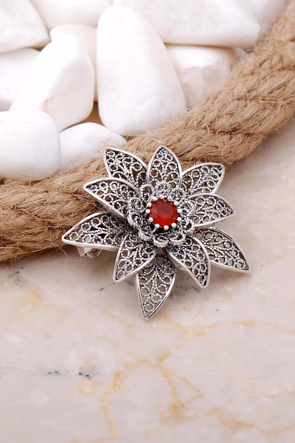 Handcrafted Sterling Silver Filigree Brooch: Ruby Flower, Vintage Style