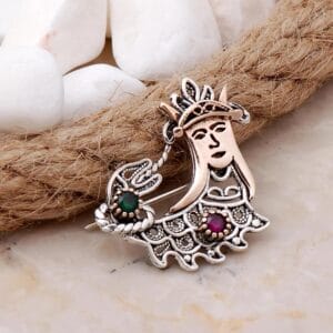 Handmade Sterling Silver Queen Brooch: Filigree Ruby Emerald Accent