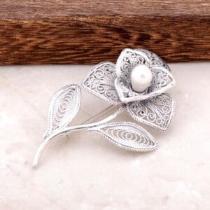 Handmade Sterling Silver Filigree Brooch: Floral Pearl Accent