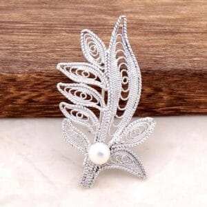 Handmade Sterling Silver Filigree Brooch: Leaf & Pearl Design