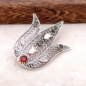 Silver Filigree Tulip Brooch: Handmade Ottoman-Inspired Pin