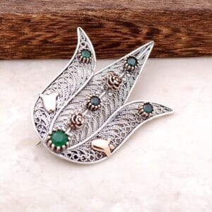 Handmade Sterling Silver Filigree Tulip Brooch: Green Stone Ottoman Jewelry