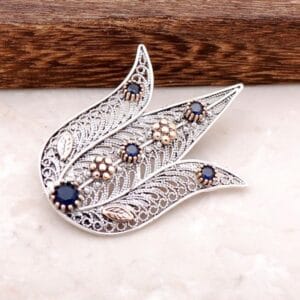 Handmade Sterling Silver Tulip Brooch: Ottoman Filigree Pin with Sapphire Stones