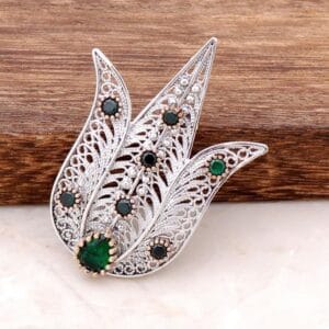 Handmade Sterling Silver Tulip Brooch: Ottoman Filigree Pin with Emerald Gemstones