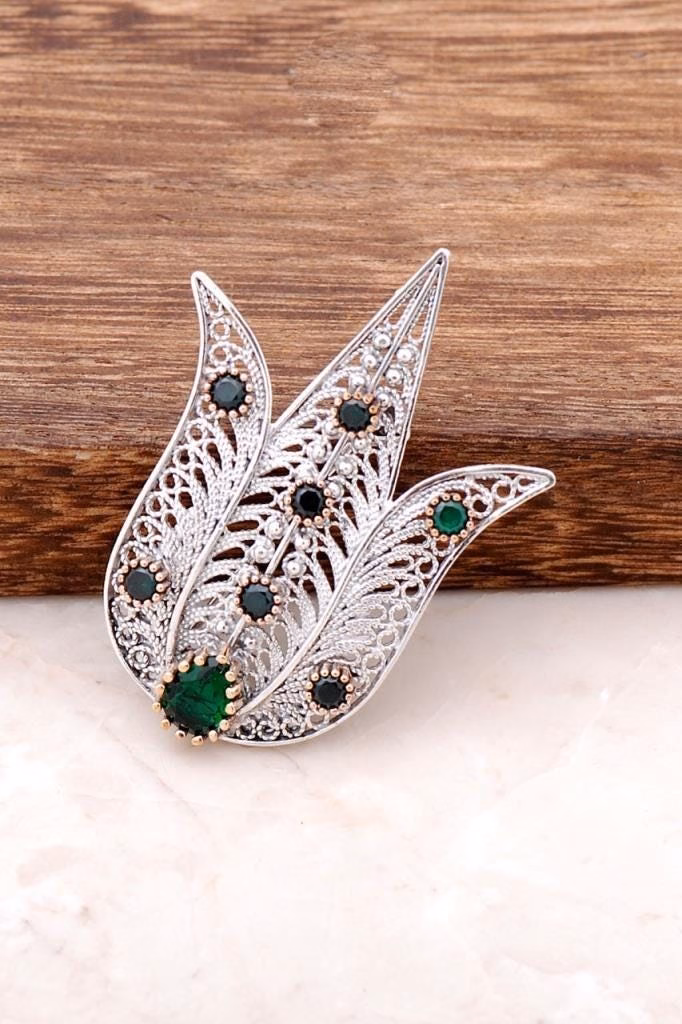 Handmade Sterling Silver Tulip Brooch: Ottoman Filigree Pin with Emerald Gemstones