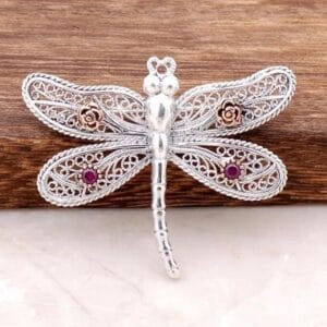 Sterling Silver Dragonfly Brooch: Ruby Accents, Filigree Wings, Vintage Style