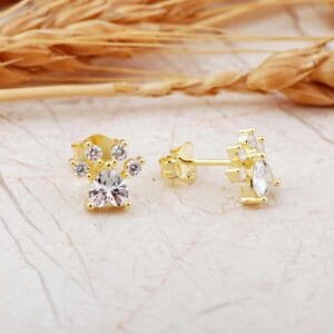 Gold Plated Paw Print Stud Earrings: Cubic Zirconia Sterling Silver