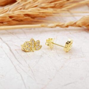 Gold Lotus Flower Stud Earrings: Sterling Silver Cubic Zirconia