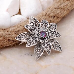 Handmade Sterling Silver Filigree Brooch: Mystic Topaz Floral Lace