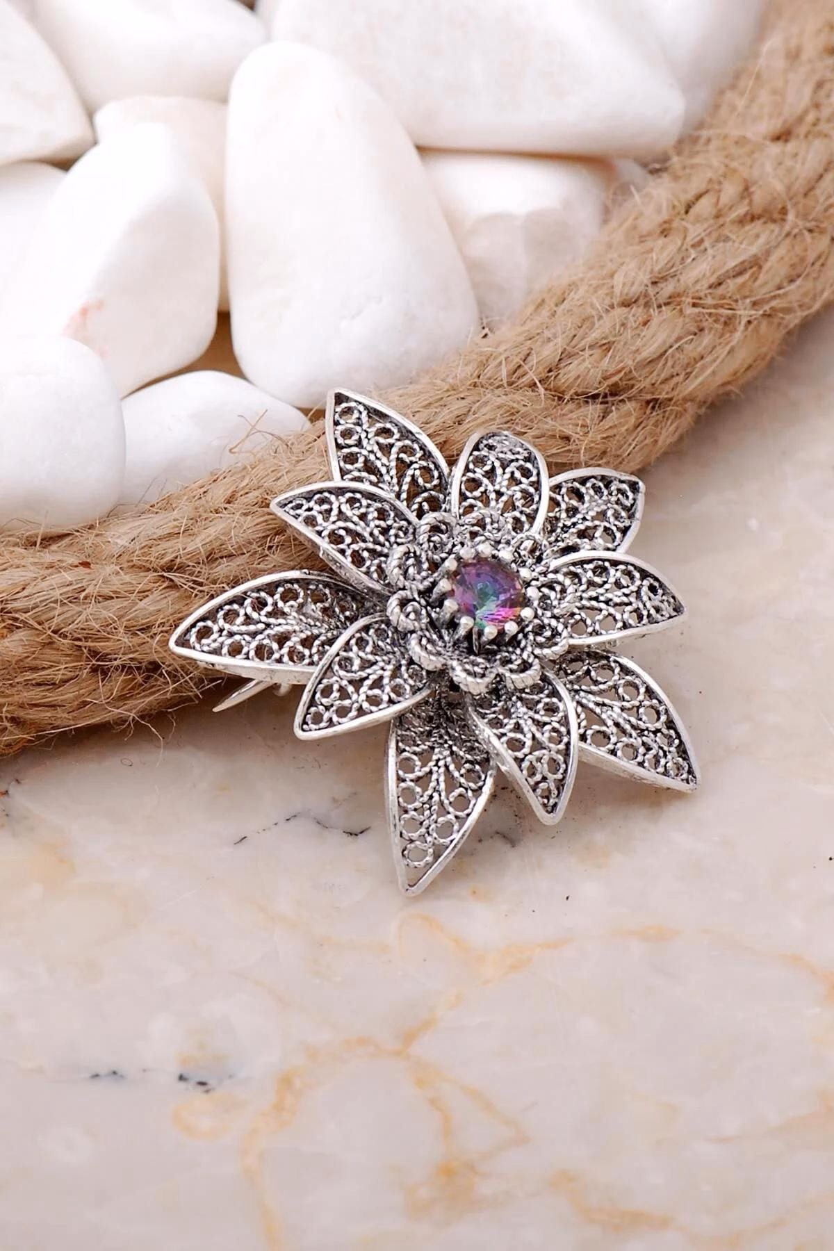 Handmade Sterling Silver Filigree Brooch: Mystic Topaz Floral Lace