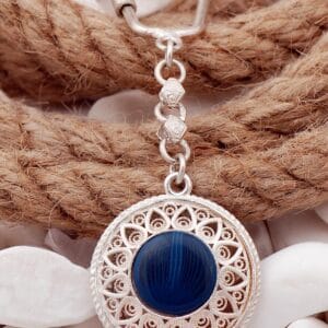 Sterling Silver Keychain: Handmade Turkish Mandala Filigree, Blue Stone