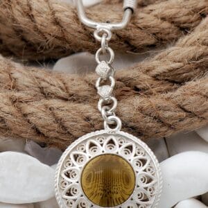 Sterling Silver Keychain: Honey Amber Stone, Ottoman Mandala Filigree