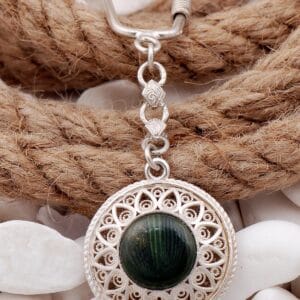 Sterling Silver Keychain: Green Stone, Ottoman Filigree Design