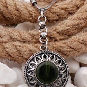 Dark Green Gemstone Sterling Silver Keychain: Ottoman Filigree Design