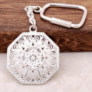 925 Sterling Silver Octagonal Keychain with Intricate Filigree Mandala Design and Ottoman-Inspired Handmade Craftsmanship