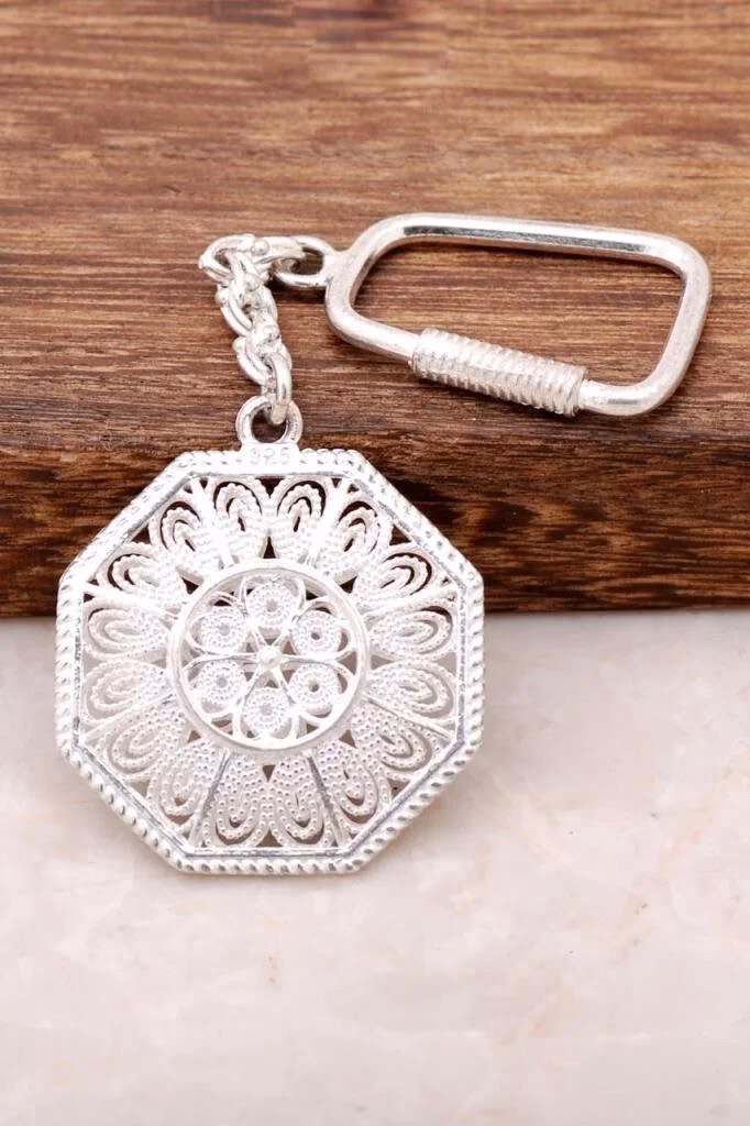 925 Sterling Silver Octagonal Keychain with Intricate Filigree Mandala Design and Ottoman-Inspired Handmade Craftsmanship