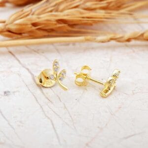 Gold Leaf Sterling Silver Stud Earrings: Zircon Botanical Jewelry
