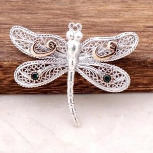 Sterling Silver Filigree Dragonfly Brooch: Bronze Accent, Green Gem Wings