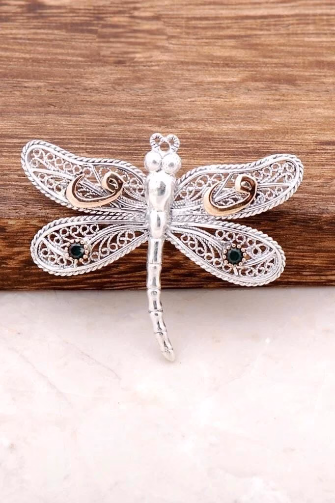 Sterling Silver Filigree Dragonfly Brooch: Bronze Accent, Green Gem Wings