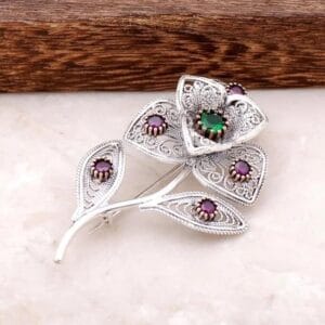Sterling Silver Floral Brooch: Handmade Filigree with Emerald & Ruby