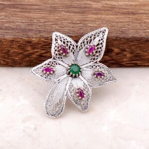 Sterling Silver Filigree Flower Brooch: Green & Purple Gemstone Lace