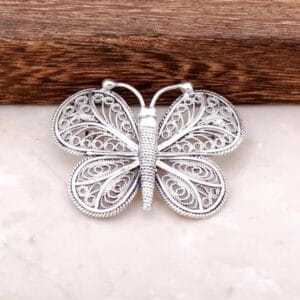 Handmade Sterling Silver Filigree Butterfly Brooch with Intricate Swirl Wings and Delicate Artisan Craftsmanship