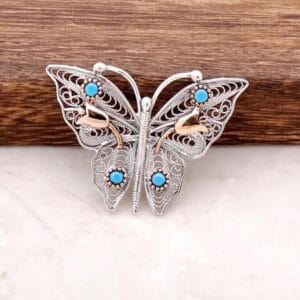 Sterling Silver Filigree Butterfly Brooch: Turquoise & Rose Gold Accent