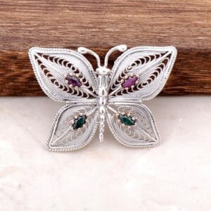 Sterling Silver Filigree Butterfly Brooch: Purple & Green Gemstone Pin