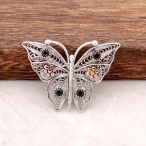 Sterling Silver Butterfly Brooch: Black Gemstones & Rose Gold Filigree