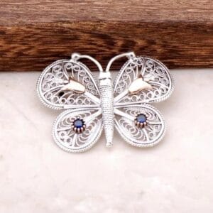 Handcrafted Sterling Silver Butterfly Brooch: Sapphire Gemstones & Rose Gold