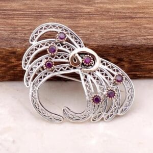 Sterling Silver Peacock Brooch: Filigree, Purple Gemstones & Rose Gold