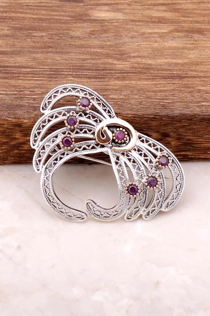 Sterling Silver Peacock Brooch: Filigree, Purple Gemstones & Rose Gold