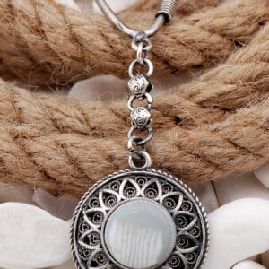 Sterling Silver Keychain: Handmade Turkish Filigree Floral Mandala, White Stone