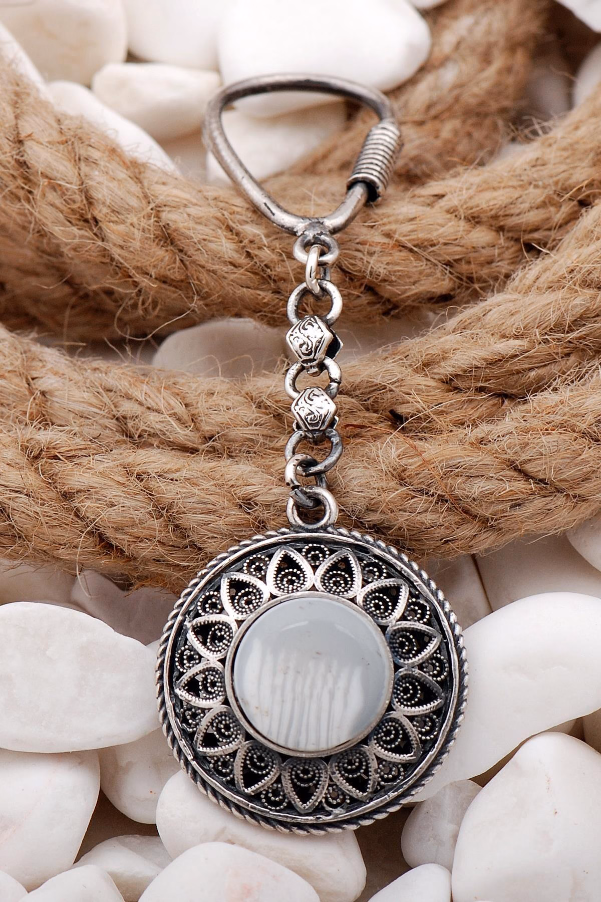 Sterling Silver Keychain: Handmade Turkish Filigree Floral Mandala, White Stone