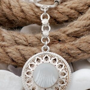 Sterling Silver Keychain: Handmade Turkish Mandala Filigree, White Stone