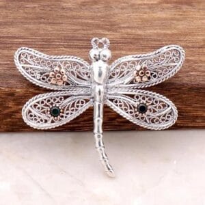 Sterling Silver Dragonfly Brooch: Bronze & Green Gem Vintage Jewelry
