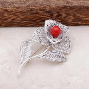 Sterling Silver Flower Brooch: Red Coral Gem, Handmade Filigree
