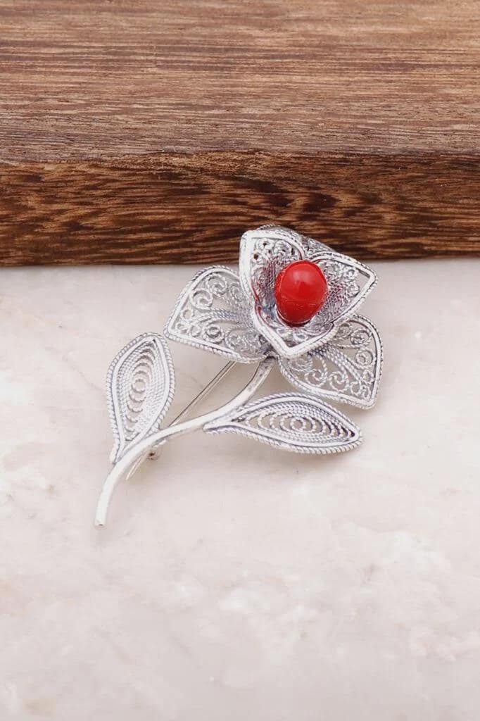 Sterling Silver Flower Brooch: Red Coral Gem, Handmade Filigree